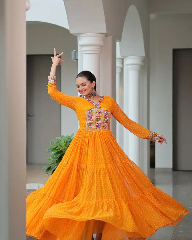 Moni 1180 Yellow Color Georgette Bandhani Print Navratri Collection With Patch Work