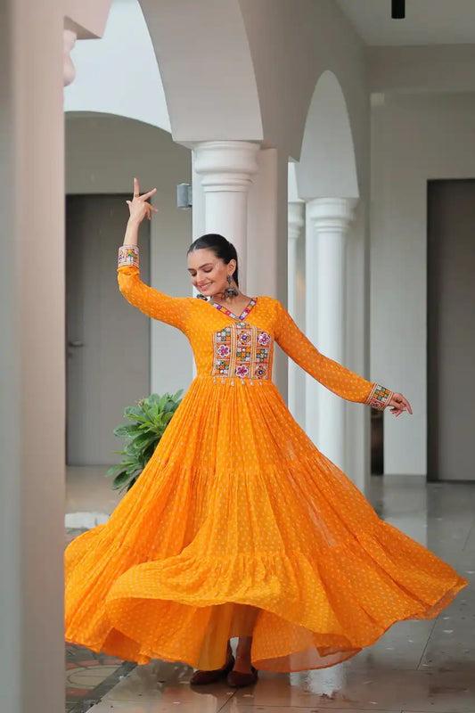 Moni 1180 Yellow Color Georgette Bandhani Print Navratri Collection With Patch Work