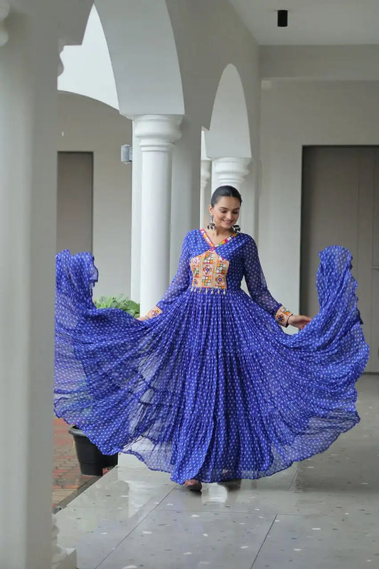 Moni 1180 Blue Color Georgette Bandhani Print Navratri Collection With Patch Work
