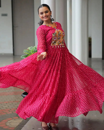 Moni 1180 Pink Color Georgette Bandhani Print Navratri Collection With Patch Work