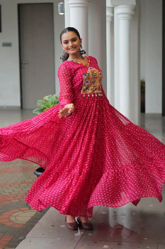Moni 1180 Pink Color Georgette Bandhani Print Navratri Collection With Patch Work