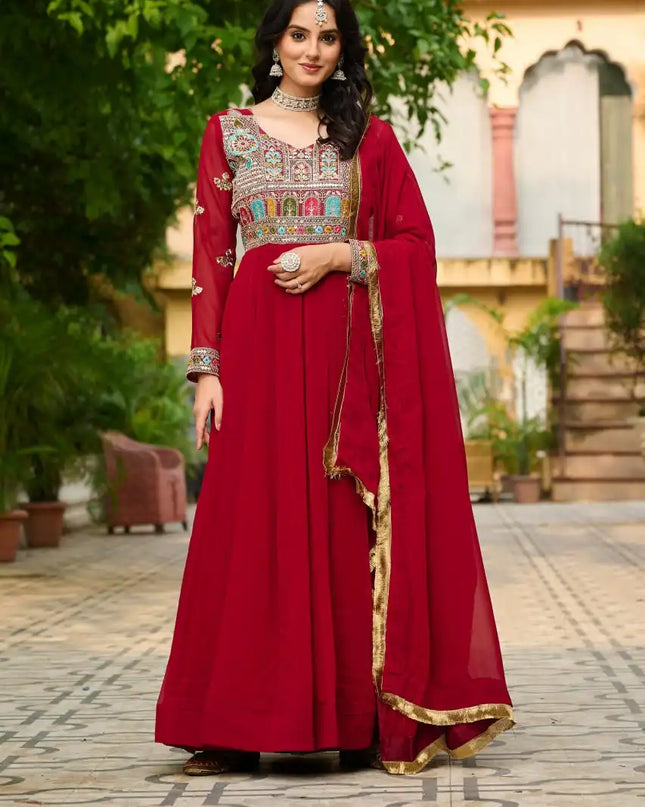 Mohini 9252 Red Color Blooming Gown With Dupatta Multi Thread Embroidered Work