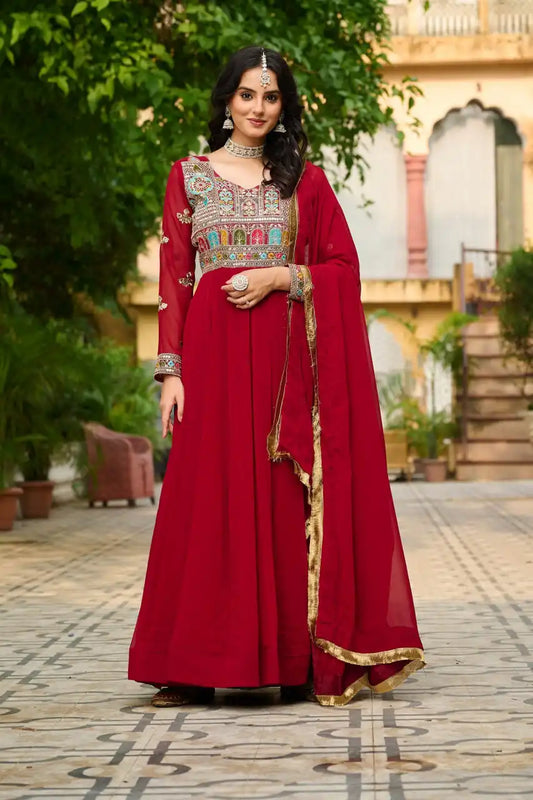 Mohini 9252 Red Color Blooming Gown With Dupatta Multi Thread Embroidered Work