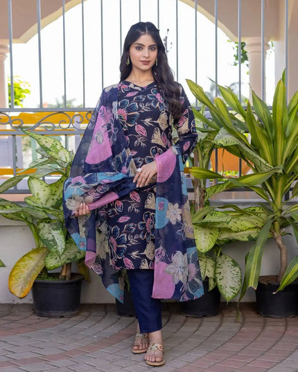 Aradhna 2027 Cotton Blend  Blue Color Kurti Pant Dupatta Set Trending Collection