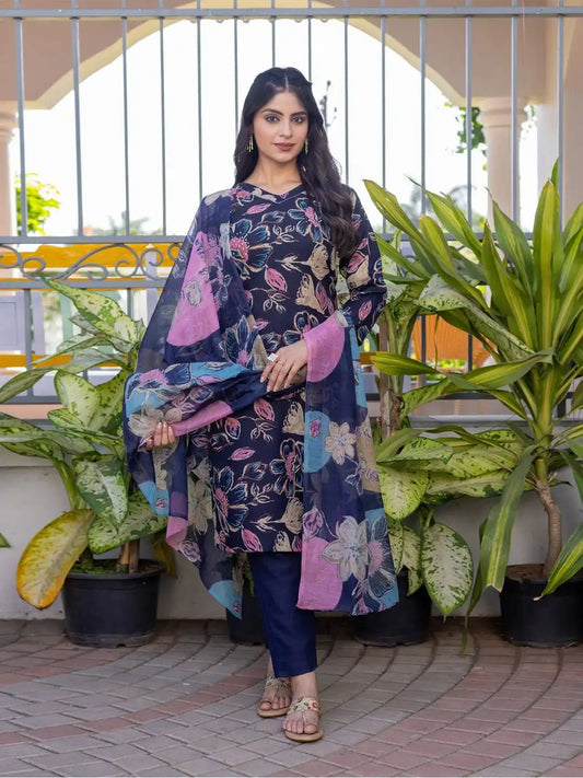 Aradhna 2027 Cotton Blend  Blue Color Kurti Pant Dupatta Set Trending Collection