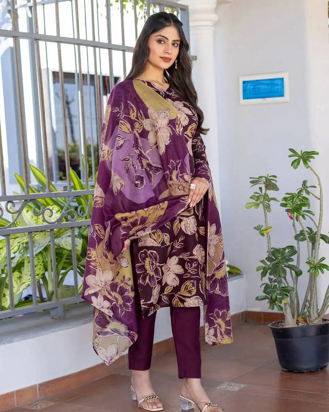 Aradhna 2027 Cotton Blend Ladies Kurti Pant Dupatta Set