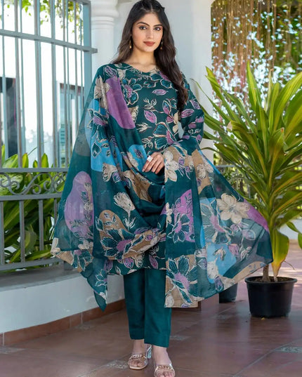Aradhna 2027 Cotton Blend Forestgreen Color Ladies Kurti Pant Dupatta Set 2025