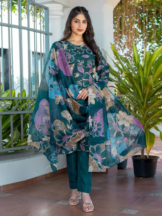 Aradhna 2027 Cotton Blend Forestgreen Color Ladies Kurti Pant Dupatta Set 2025