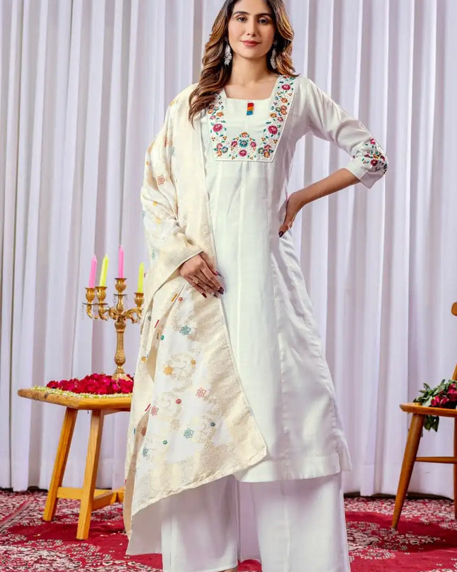 Lila Vol 14 Mango Silk White Long Kurti With Palazzo Set Heavy Work