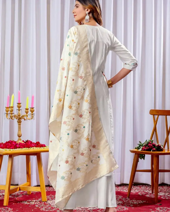 Lila Vol 14 Mango Silk White Long Kurti With Palazzo Set Heavy Work
