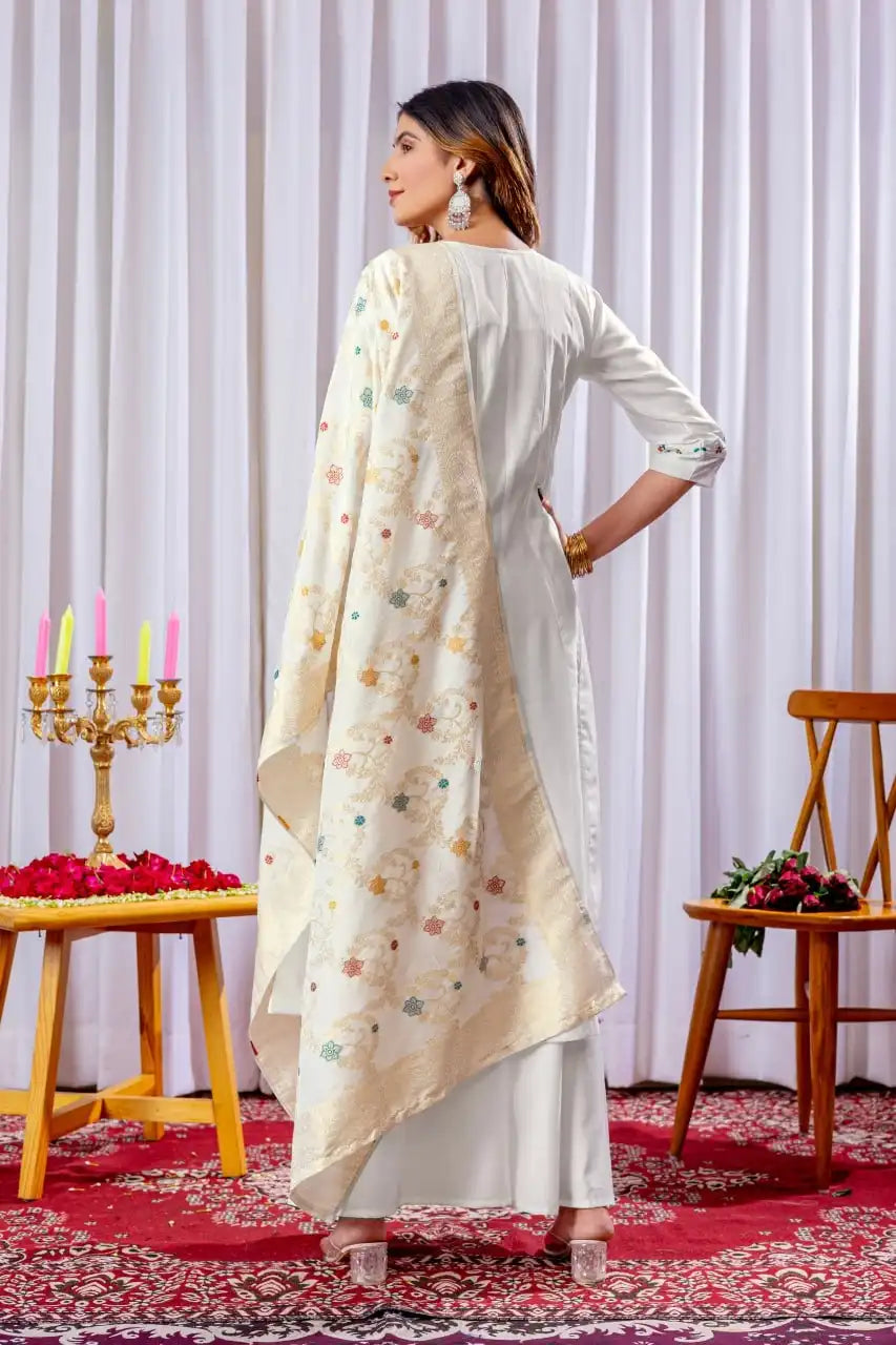 Lila Vol 14 Mango Silk White Long Kurti With Palazzo Set Heavy Work