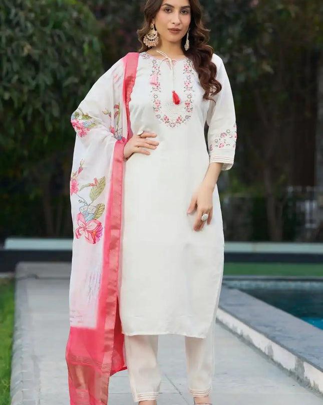 Lila Vol 15 Viscose Silk White Kurti Pant Dupatta With Hand Work
