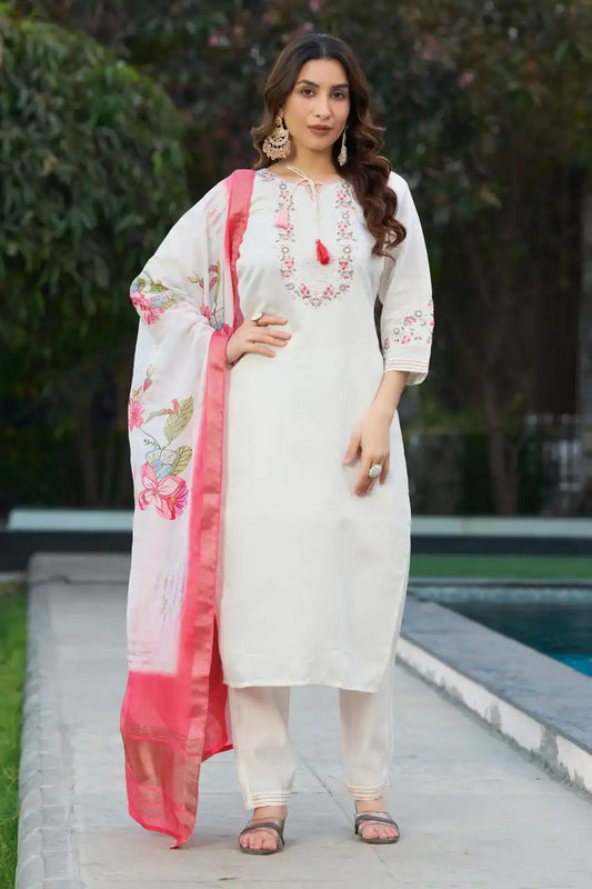 Lila Vol 15 Viscose Silk White Kurti Pant Dupatta With Hand Work