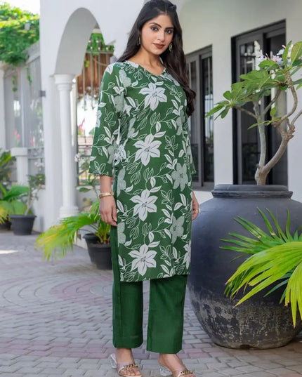 Aradhna 2026 Cotton Blend Green Color Kurti Pant long Co Ord Set Collection