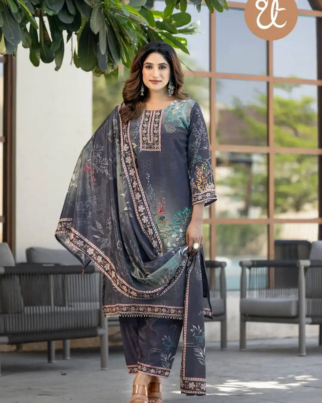 Threadthrill 101 Soft Chinon  Jrey Color Handwork Designer Dress For Women