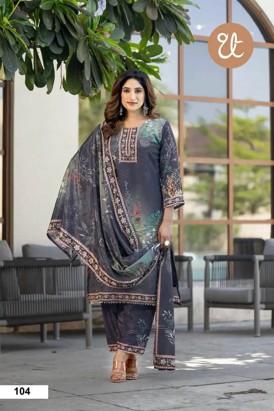 Threadthrill 101 Soft Chinon  Jrey Color Handwork Designer Dress For Women