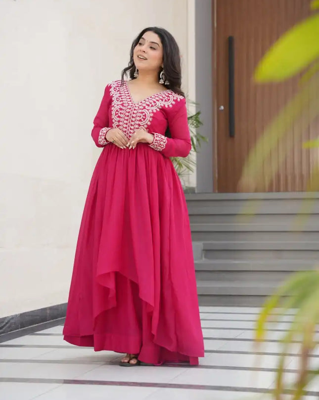 Moni 1178 Pink Color Georgette Gown Flair Embroidery Work