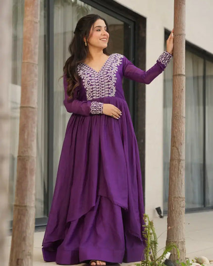 Moni 1178 Purple Color Georgette Gown Flair Embroidery Work