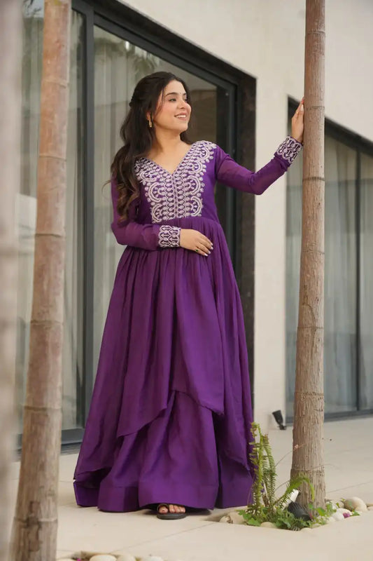 Moni 1178 Purple Color Georgette Gown Flair Embroidery Work