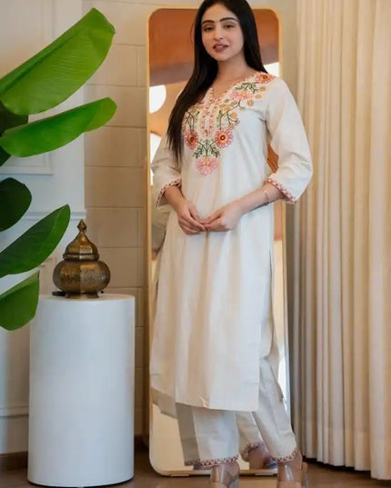 KR 384 Khadi Cotton Cream Co Ord Set Kurti With Embroidery Work