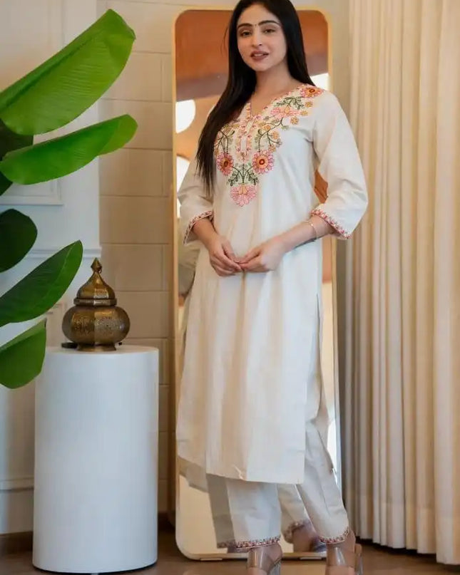 KR 384 Khadi Cotton Cream Co Ord Set Kurti With Embroidery Work