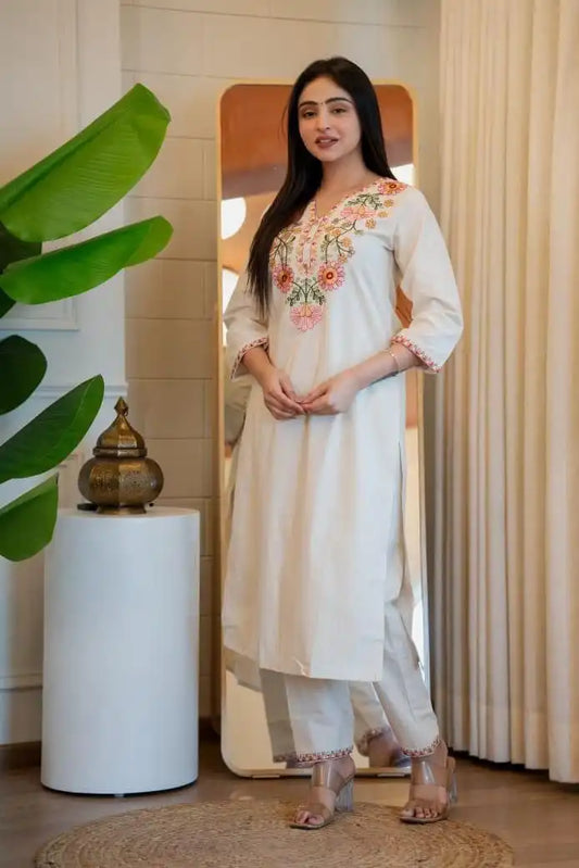KR 384 Khadi Cotton Cream Co Ord Set Kurti With Embroidery Work
