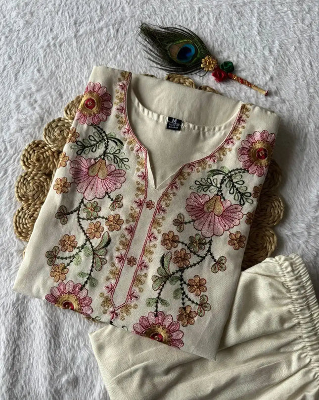 KR 384 Khadi Cotton Cream Co Ord Set Kurti With Embroidery Work