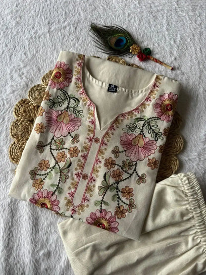 KR 384 Khadi Cotton Cream Co Ord Set Kurti With Embroidery Work
