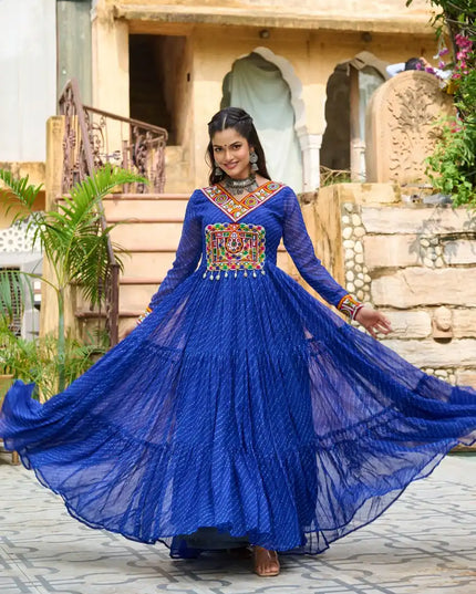 Moni 1182 Blue Color Georgette Gown Navratri Design With Laheriya Print 2025