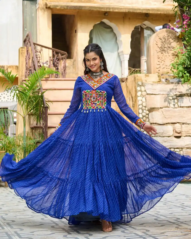 Moni 1182 Blue Color Georgette Gown Navratri Design With Laheriya Print 2025
