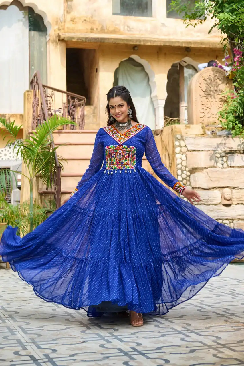 Moni 1182 Blue Color Georgette Gown Navratri Design With Laheriya Print 2025