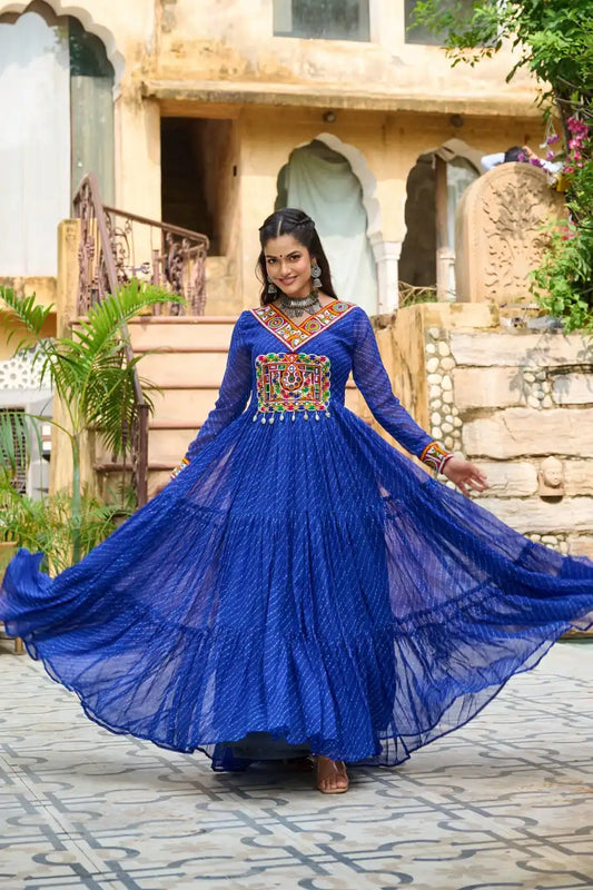 Moni 1182 Blue Color Georgette Gown Navratri Design With Laheriya Print 2025