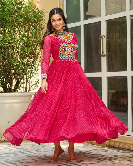 Moni 1182 Pink Color Georgette Gown Navratri Design With Laheriya Print 2025