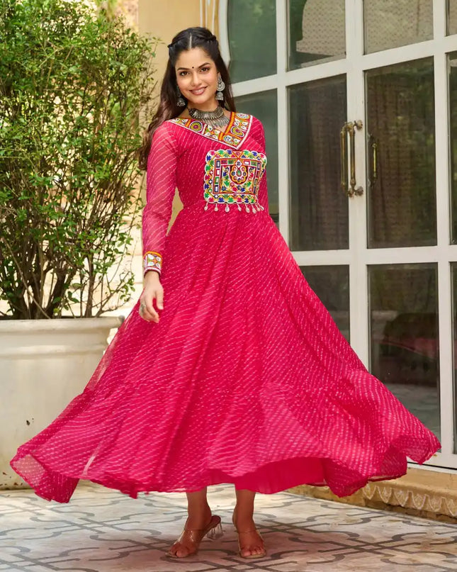 Moni 1182 Pink Color Georgette Gown Navratri Design With Laheriya Print 2025