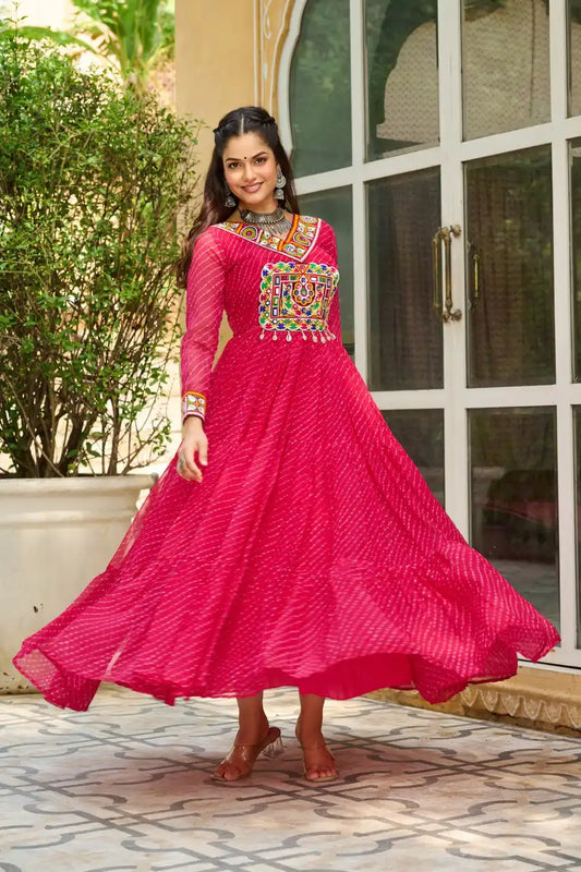 Moni 1182 Pink Color Georgette Gown Navratri Design With Laheriya Print 2025