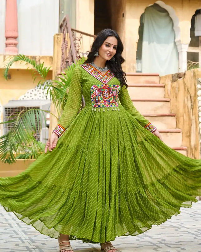 Moni 1182 Georgette YellowGreen Color Gown Navratri Design With Laheriya Print 2025