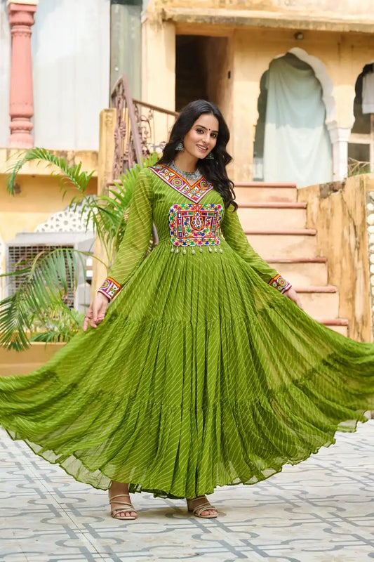 Moni 1182 Georgette YellowGreen Color Gown Navratri Design With Laheriya Print 2025