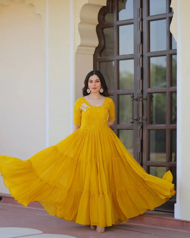 Moni 1173 Yellow Color Faux Blooming Readymade Gown Collection