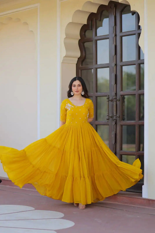 Moni 1173 Yellow Color Faux Blooming Readymade Gown Collection
