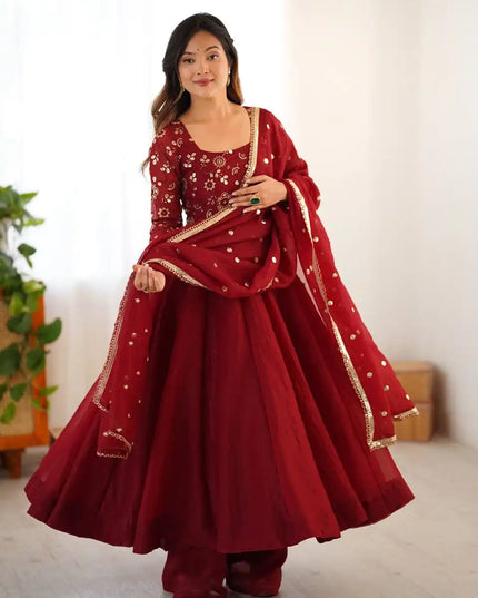 Sabina 5290 Crunchy Silk Maroon Gown Pant Dupatta