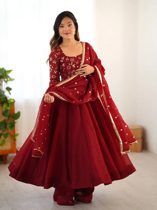 Sabina 5290 Crunchy Silk Maroon Gown Pant Dupatta