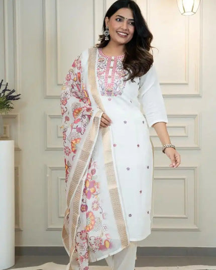 KR 371 Roman Silk White Kurti Pant Dupatta Latest Design