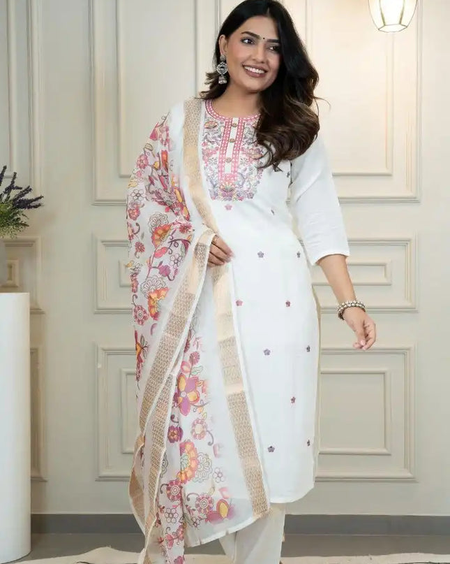 KR 371 Roman Silk White Kurti Pant Dupatta Latest Design