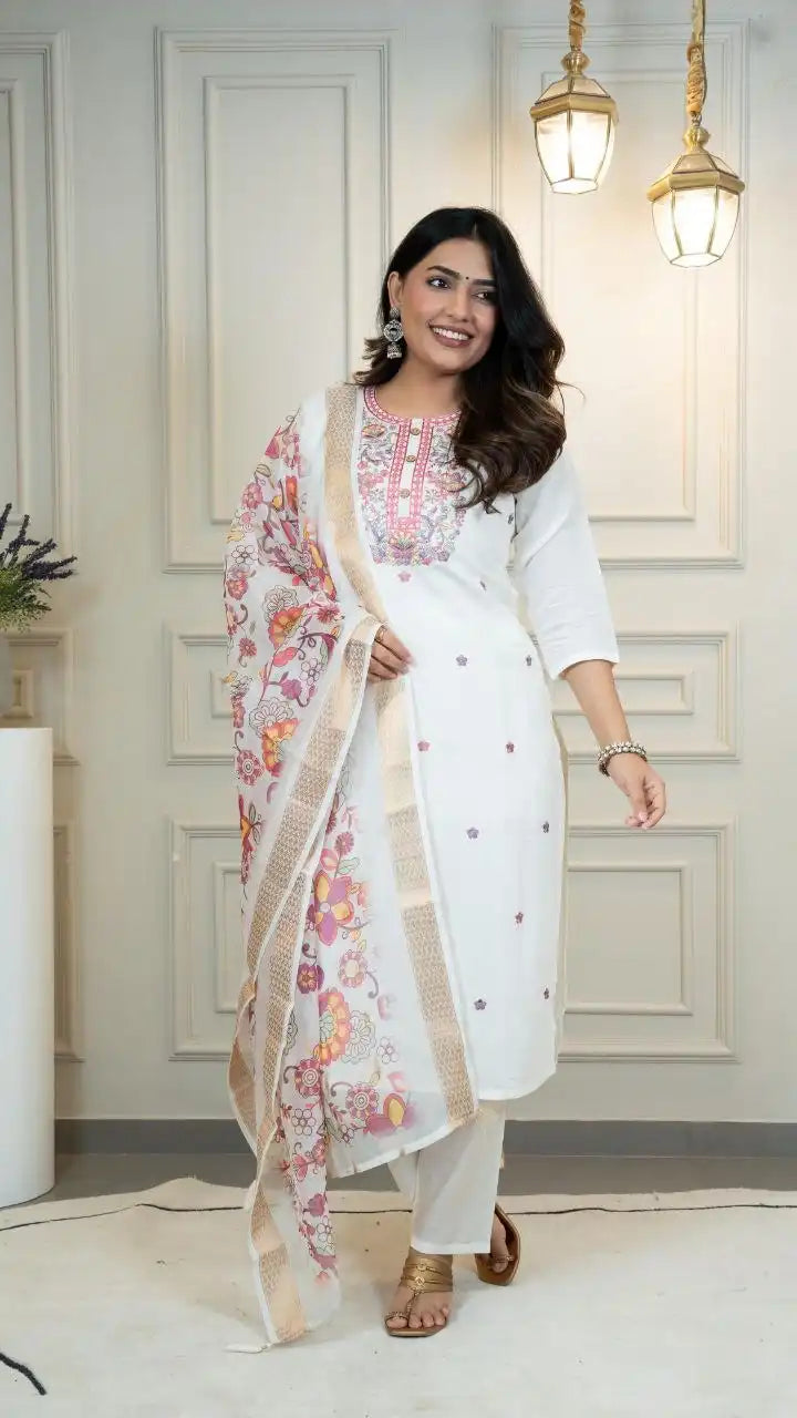 KR 371 Roman Silk White Kurti Pant Dupatta Latest Design