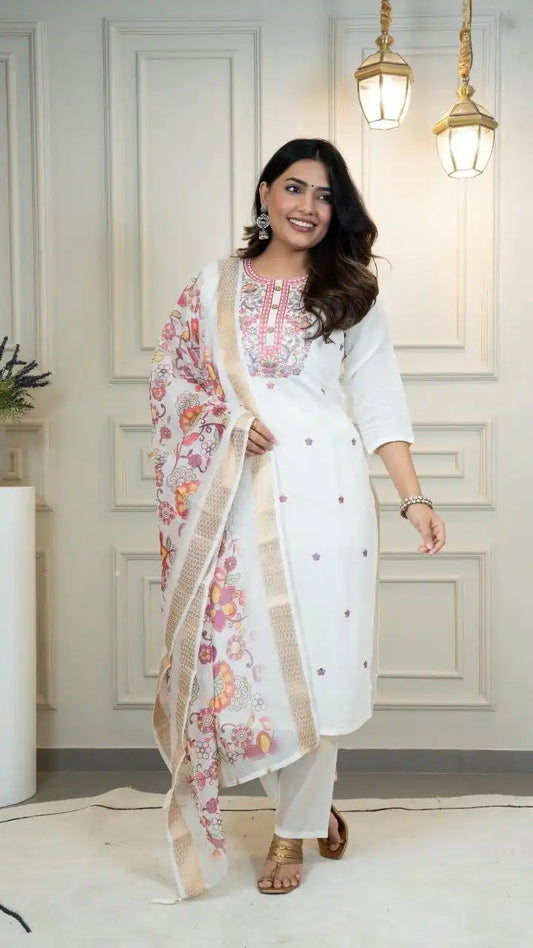 KR 371 Roman Silk White Kurti Pant Dupatta Latest Design
