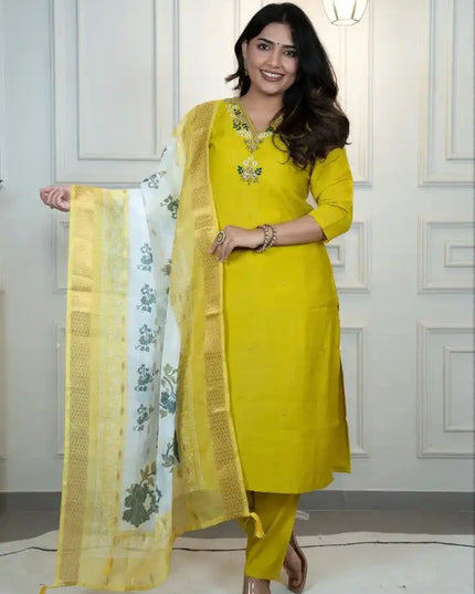 KR 379 Roman Silk Parrot Kurti Pant Dupatta With Hand Work