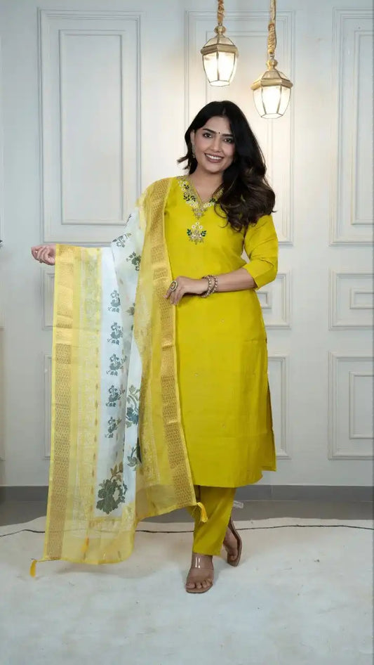 KR 379 Roman Silk Parrot Kurti Pant Dupatta With Hand Work