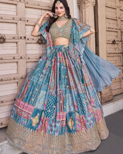 Zeel Queen Chinnon Silk Skyblue  Color Designer Lehenga Choli Wholesale 2025