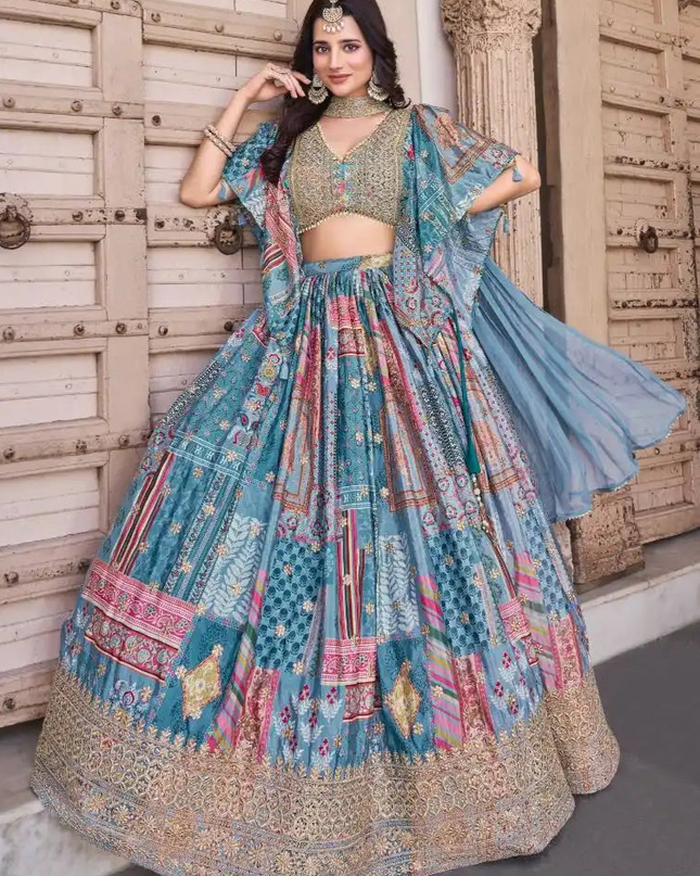 Zeel Queen Chinnon Silk Skyblue  Color Designer Lehenga Choli Wholesale 2025