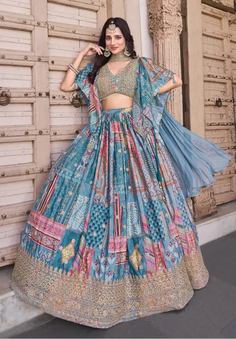 Zeel Queen Chinnon Silk Skyblue  Color Designer Lehenga Choli Wholesale 2025